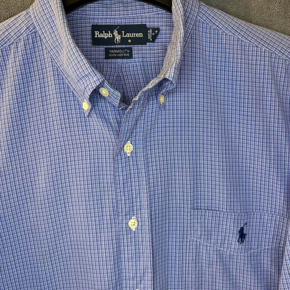 VTG Ralph Lauren Yarmouth Mens 17 34/35 Blue White Check Button Down Shirt